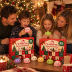 Famille souriante qui ouvre deux calendriers de l'Avent Squishiz au coin du feu
