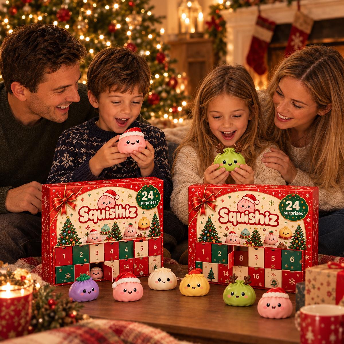 Famille souriante qui ouvre deux calendriers de l'Avent Squishiz au coin du feu