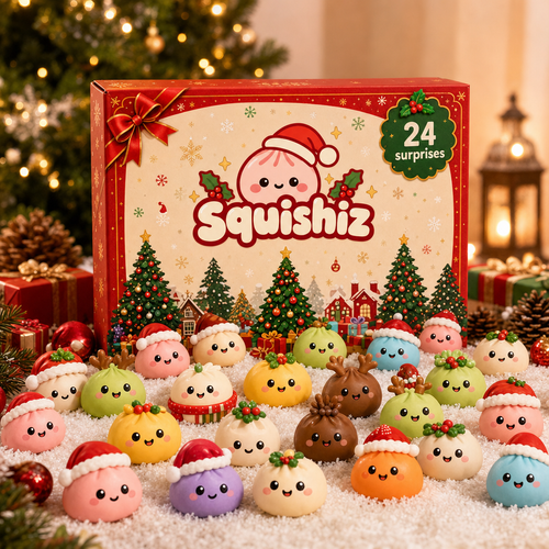 Calendrier de l'Avent Squishiz avec 24 squishies surprises kawaii au pied du sapin de Noël