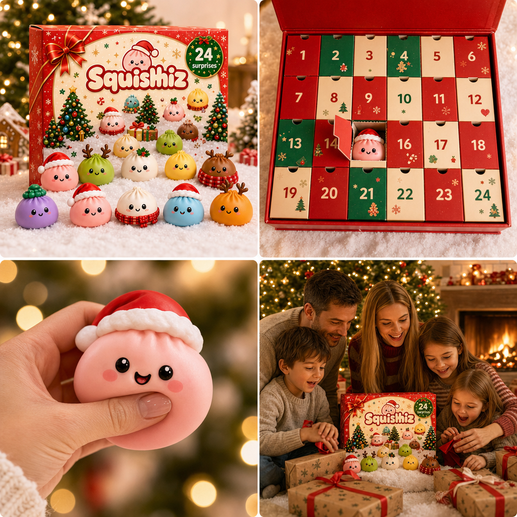 Calendrier de l'Avent Squishiz ouvert avec ses 24 cases, squishy père Noël pressé dans la main et enfants qui déballent