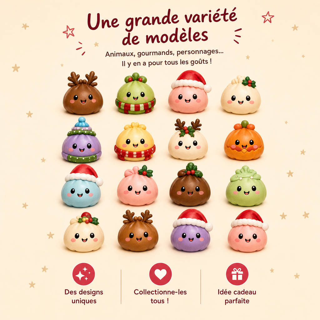 Les modèles de squishies kawaii du calendrier : dumplings gourmands, personnages et animaux de Noël