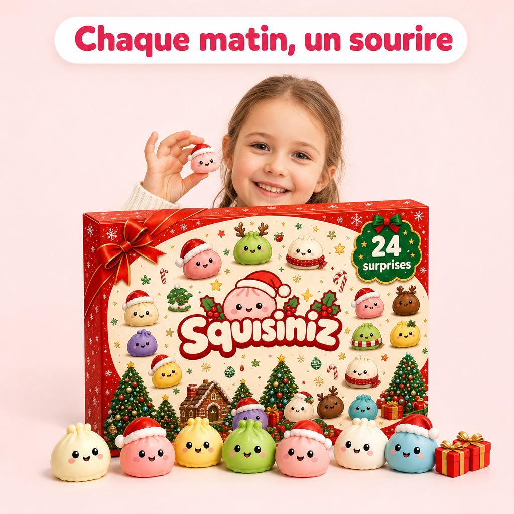 Petite fille ravie avec un squishy kawaii devant le calendrier de l'Avent Squishiz