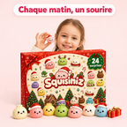 Petite fille ravie avec un squishy kawaii devant le calendrier de l'Avent Squishiz